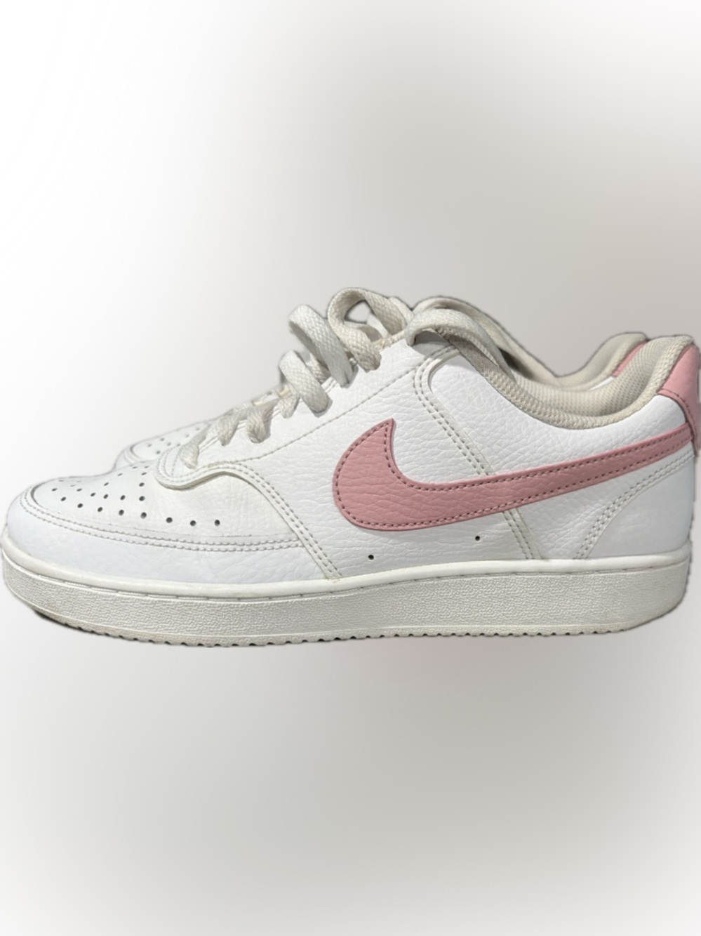 Nike Court Vision Low White Sneaker with Pink swoosh. Size 8